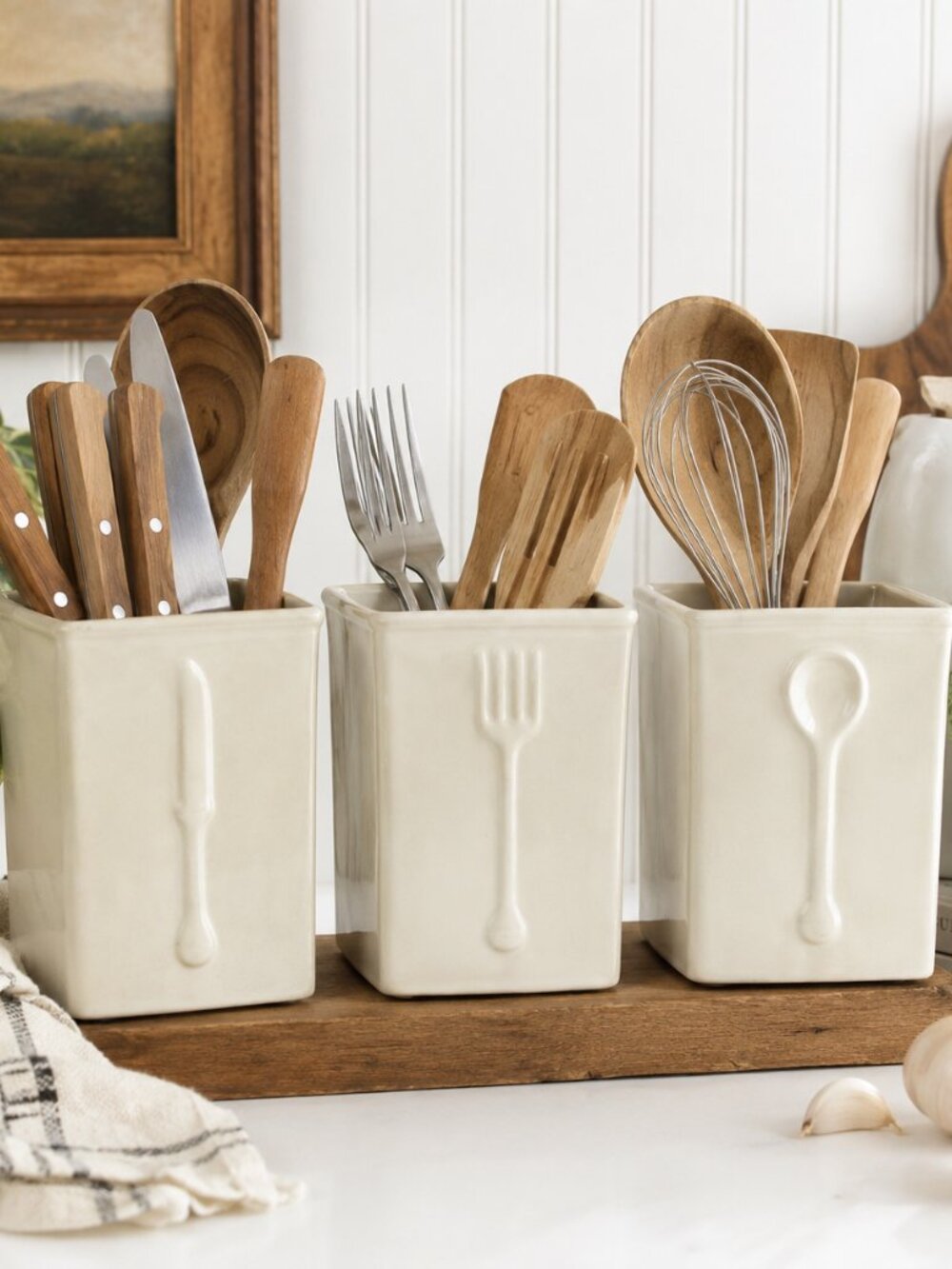 Vintage 2008 Target Stoneware Utensil Holder Set of 3 Knife Fork Spoon Cream